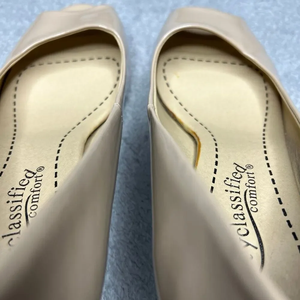 Cityclassified Comfort Low Wedge Slip On Open Toe Shoes Vegan Patent Women’s 8